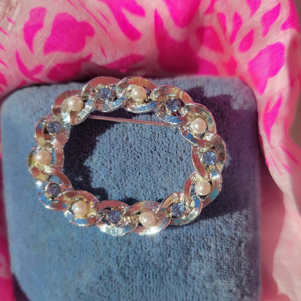 Vintage Gerry's Silver-tone Brooch ~ Faux Pearls & Blue Rhinestones ~ Pretty!